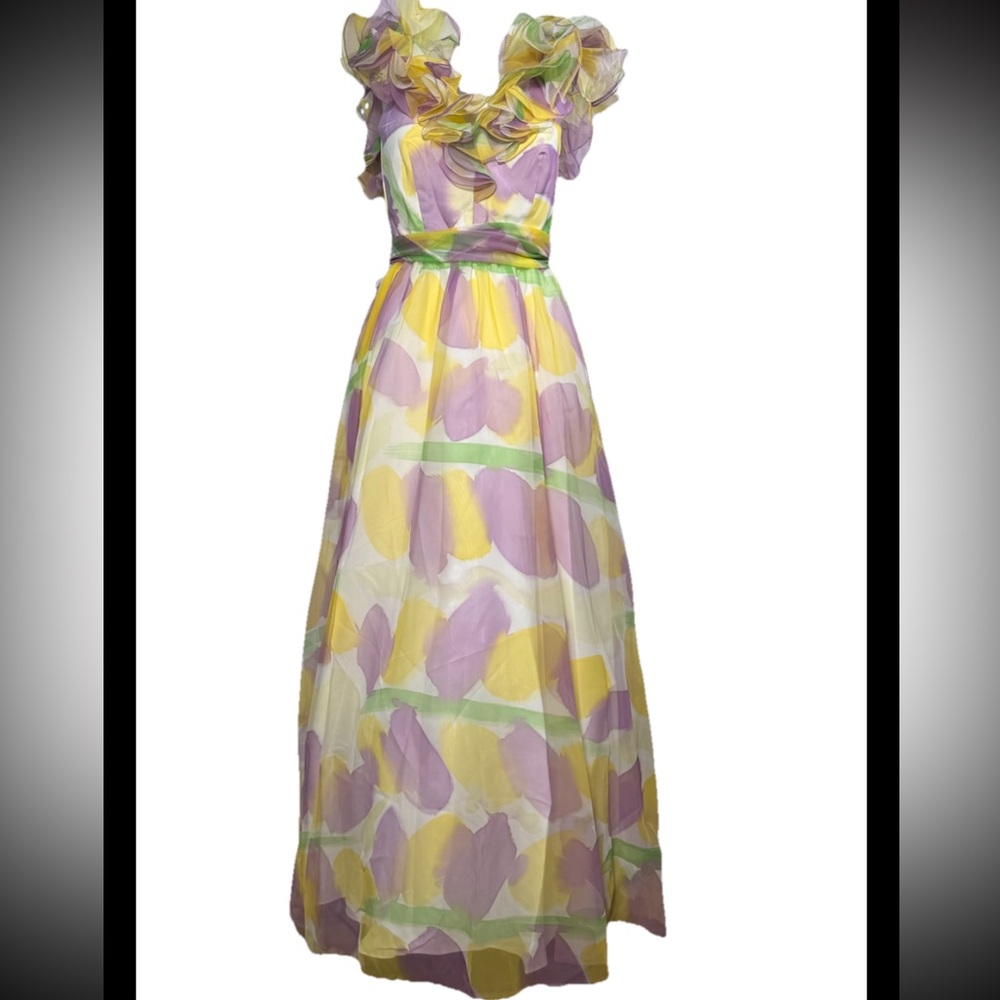 Vtg Lillie Rubin Chiffon Maxi Gown Pastel Floral Ruffle Bodice Formal Dress Sz 2